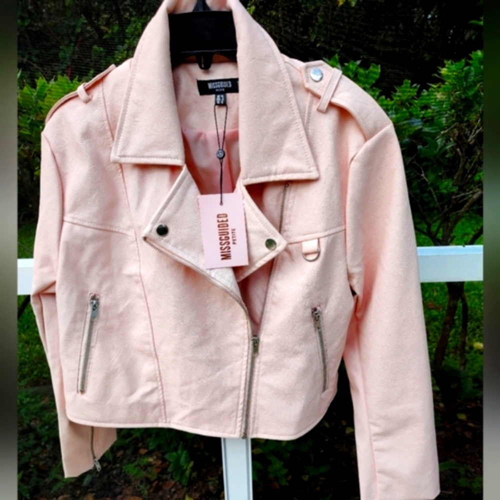 Misguided light pink faux leather moto jacket